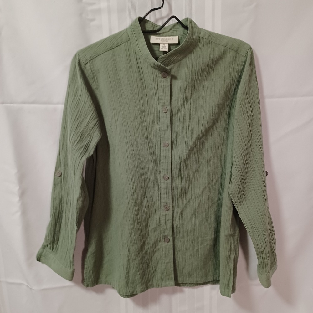 Appleseed's Button Down Womens PM Green Mandarin Collar Roll Tab Sleeve Textured